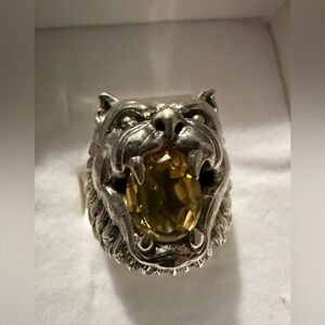 Genuine citrine sterling silver wolf ring